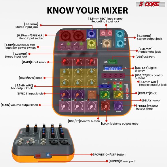 5 Core Audio Mixer 4 Channel DJ Equipment with Bluetooth USB Sound Board Console - Picture 7 of 12